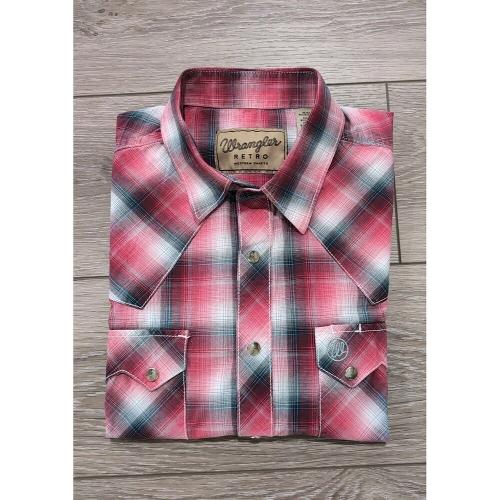 WRANGLER RETRO WESTERN SHIRT RED PLAID COWBOY  MODERN FIT PEARL SNAP MEN'S M EUC
